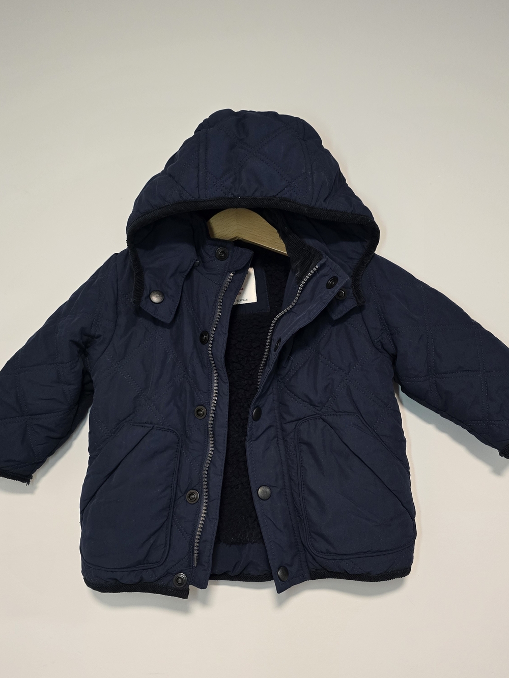 Zara Kids Quilted Hooded Puffer Navy,Fleece Lining & Corduroy Collar Fall Style.